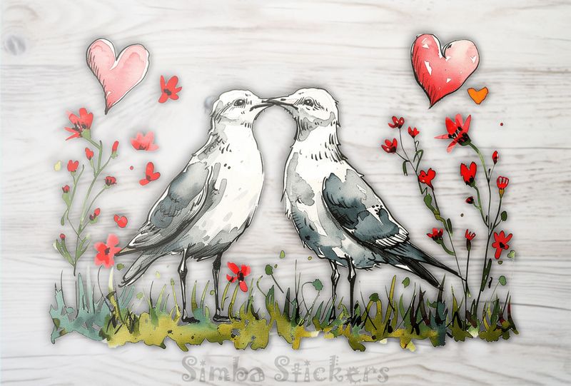 Seagulls in love beak-to-beak, Valentine&#x27;s hearts above, watercolour, phex4f