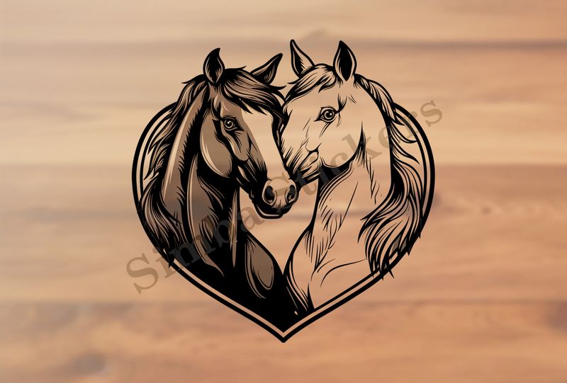 Horses in love, bust in heart frame, outline art