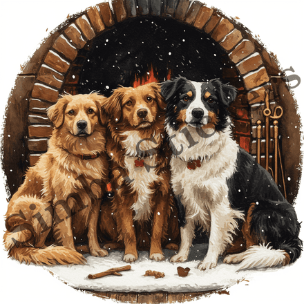 Dogs cuddling by fireplace, image set, 10 images