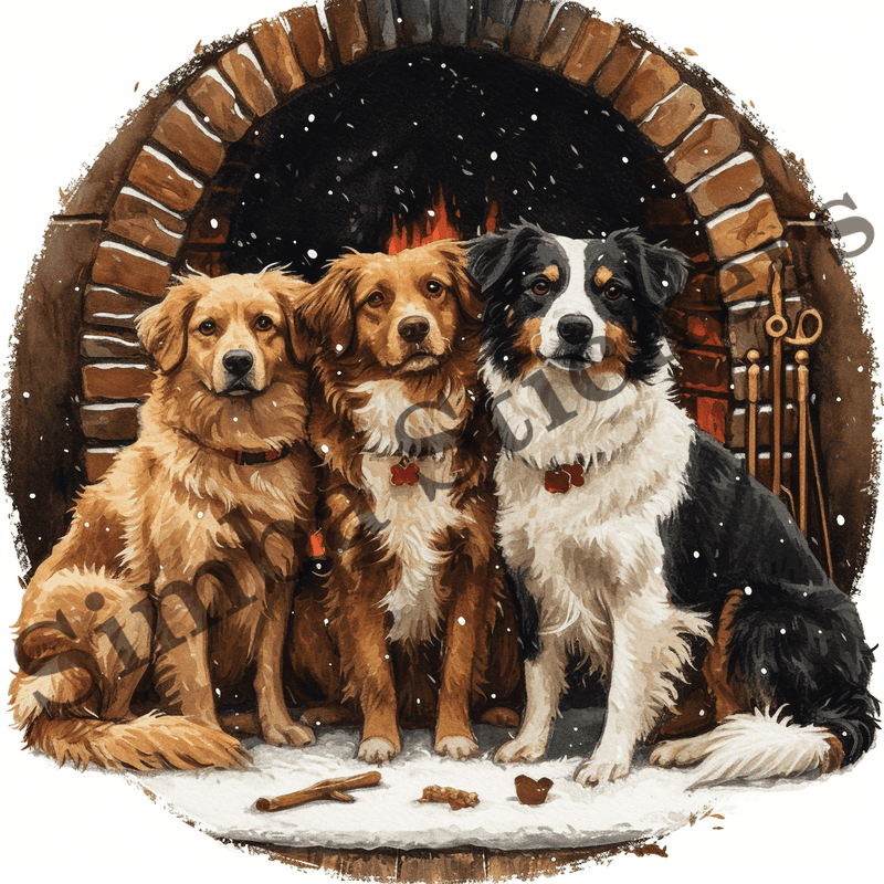 Dogs cuddling by fireplace, image set, 10 images