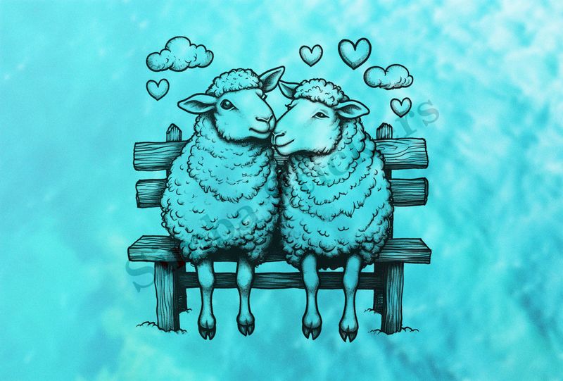 Sheep in love, sitting on a park bench, outline art
