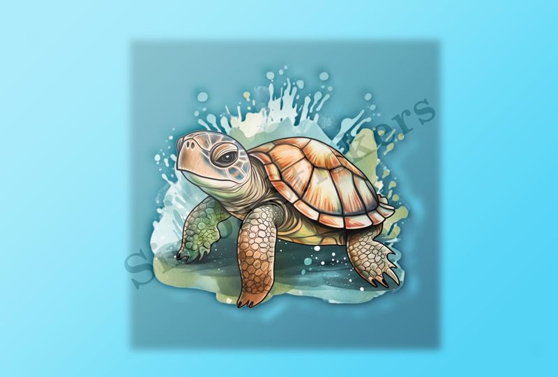 Tortoise walking and splashing, watercolour