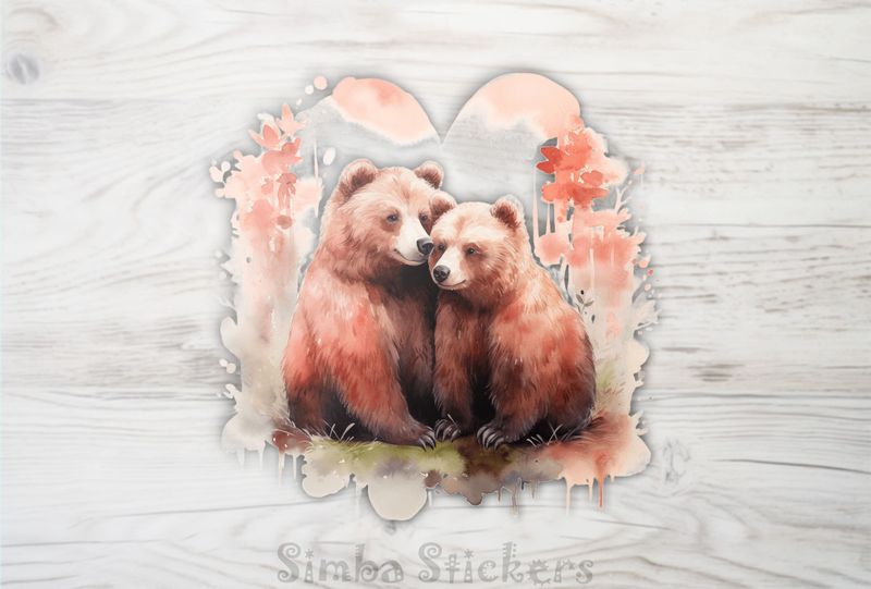 Bears cubs cheek-to-cheek in pinkish background, watercolour, xfqx0y
