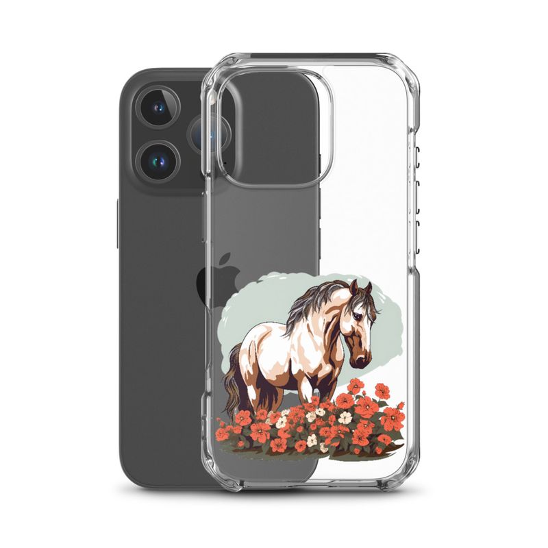 Clear Case for iPhone, Brown horse in field of red flowers, n4w2fj