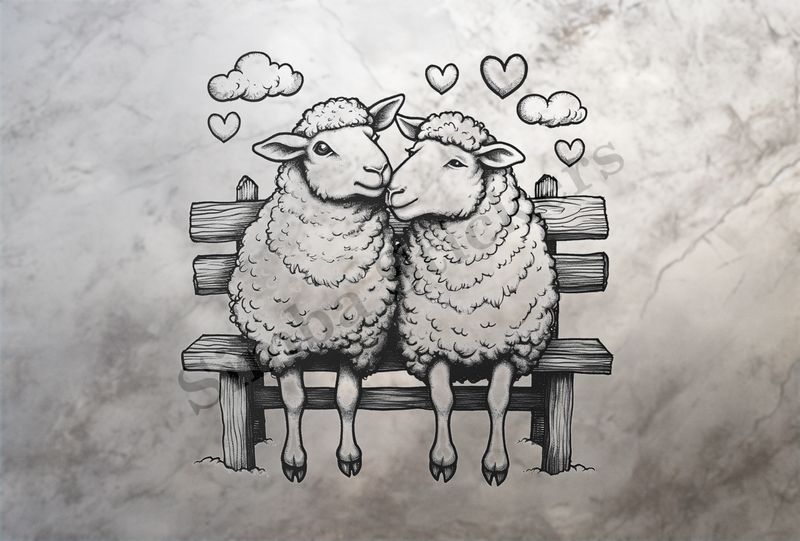 Sheep in love, sitting on a park bench, outline art