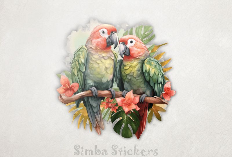 Parrots perching romantically, watercolour, 8ad800