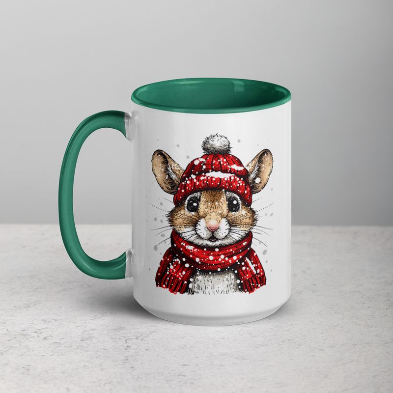 White Ceramic Mug with Color Inside, 11&amp;15oz, Mouse wearing red winter hat and scarf in snow, xg8dl3