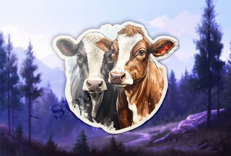 Cows, black and brown,  cheek-to-cheek, watercolour