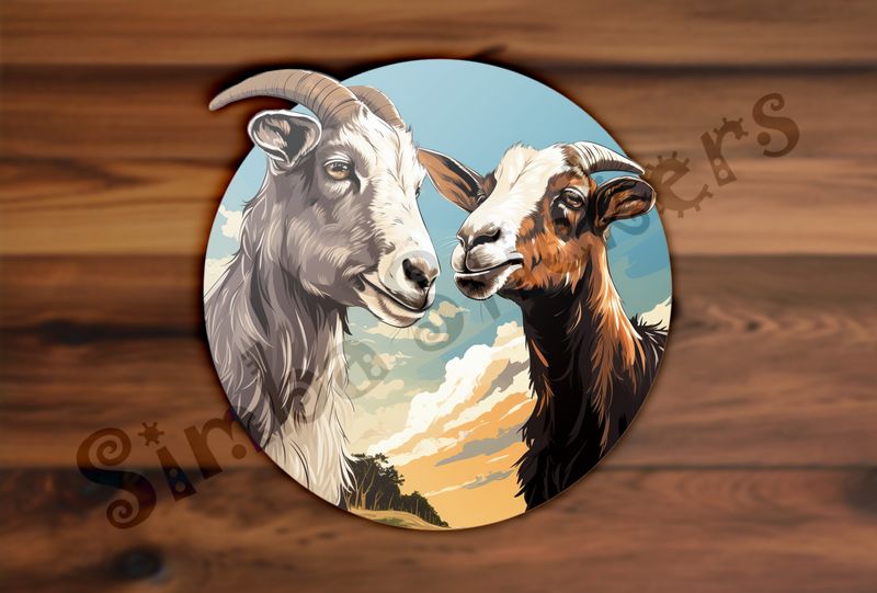 Goats in love, under partially cloudy sky, next to forest