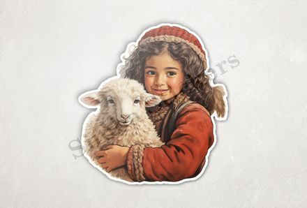 Sheep in arms of girl with red hat, vintage