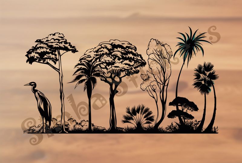 Equatorial Rainforest landscape, large bird, outline art