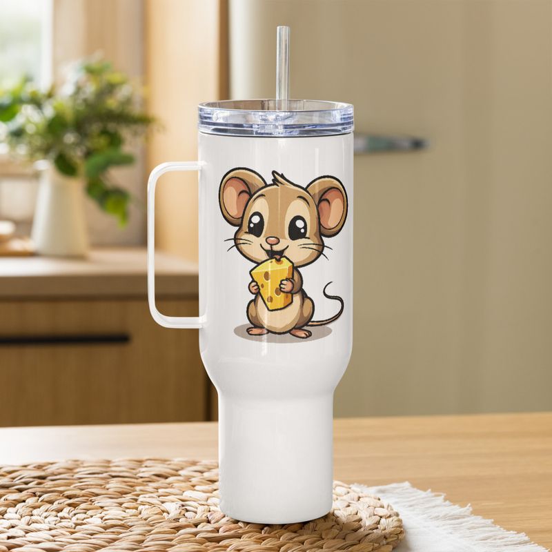 Travel Mug, Cattle, Small Mouse happily licking large chunk of cheese, pqapy6