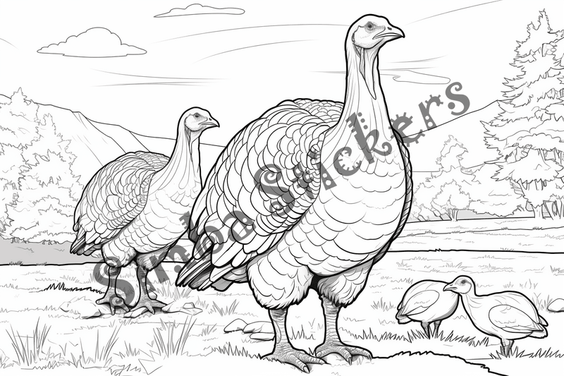Colouring pages, bundle of turkeys on a farm, 25 images