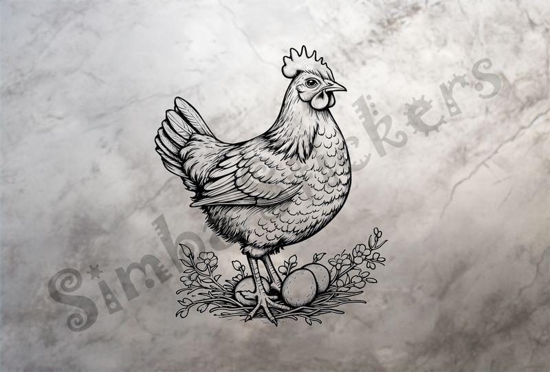 Hen brooding over its eggs, outline art