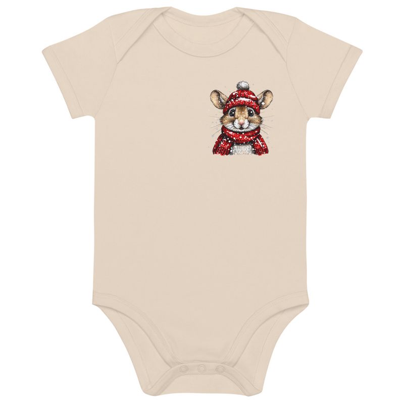 Organic Cotton Baby Bodysuit, 3-18 months, Mouse wearing red winter hat and scarf, xg8dl3,left chest
