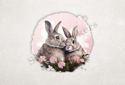 Bunnies in love, pink flowers and background, watercolour