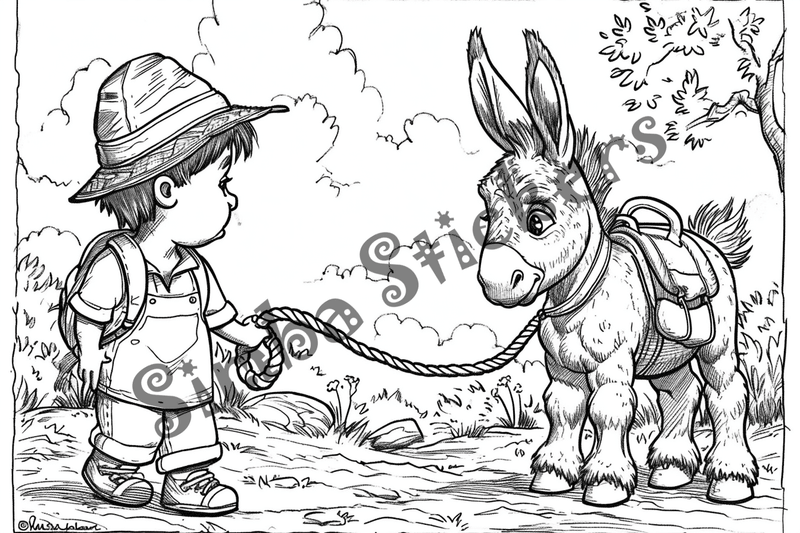 Colouring pages, bundle of donkeys carrying goods or people 10 images