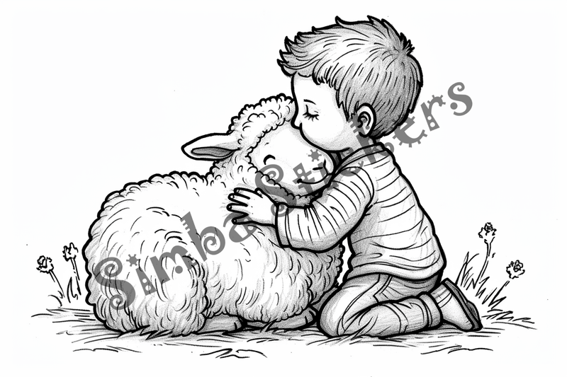 Colouring pages, bundle of sheep hugged by child, 10 images