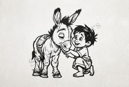 Donkey child pat on the chin by a small boy, outline art