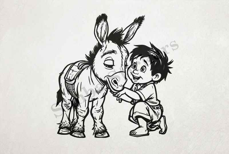 Donkey child pat on the chin by a small boy, outline art