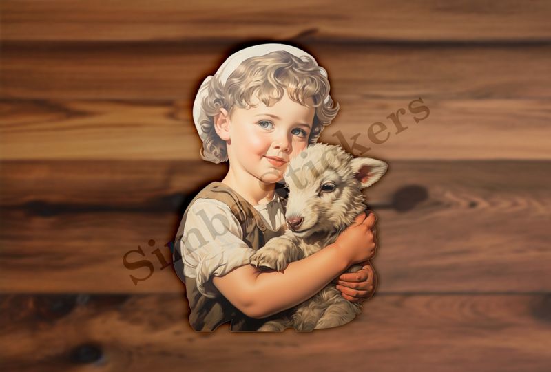 Lamb in arms of small boy wearing white head-covering, vintage
