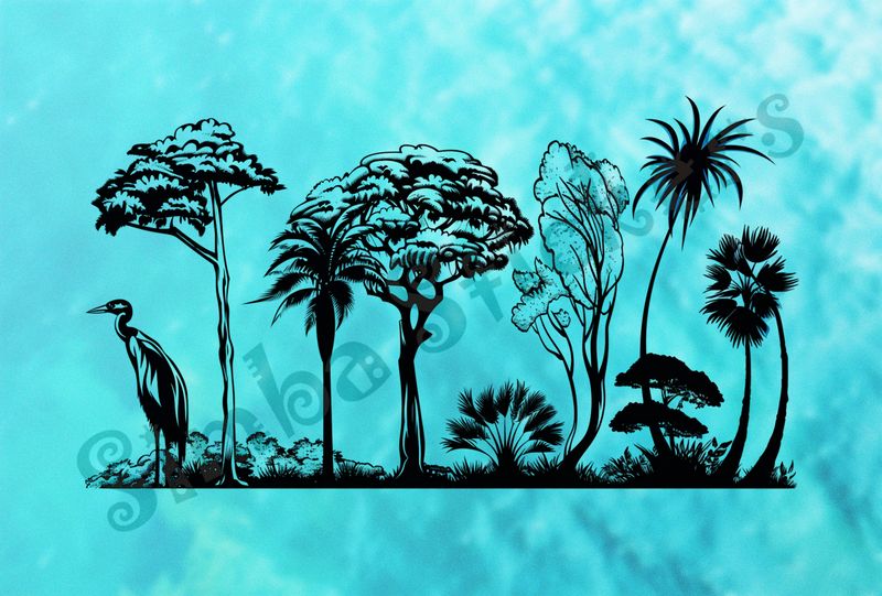 Equatorial Rainforest landscape, large bird, outline art