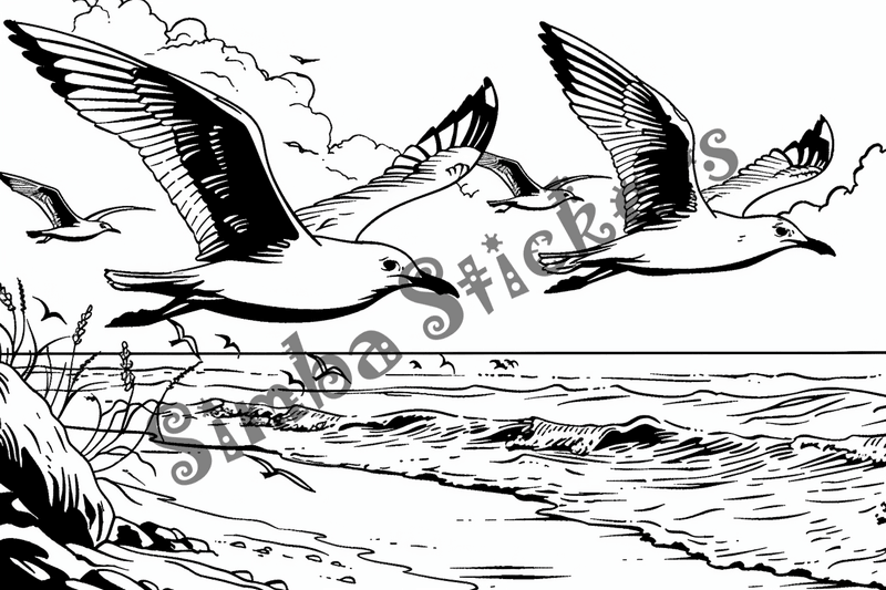 Colouring pages, bundle of seagulls on the seaside, 10 images