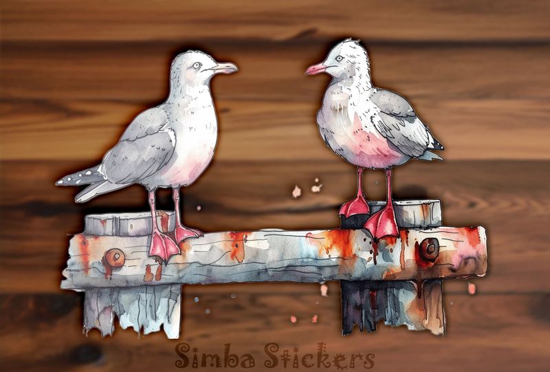 Seagulls perching on a wooden fence, watercolour, mvvdtf