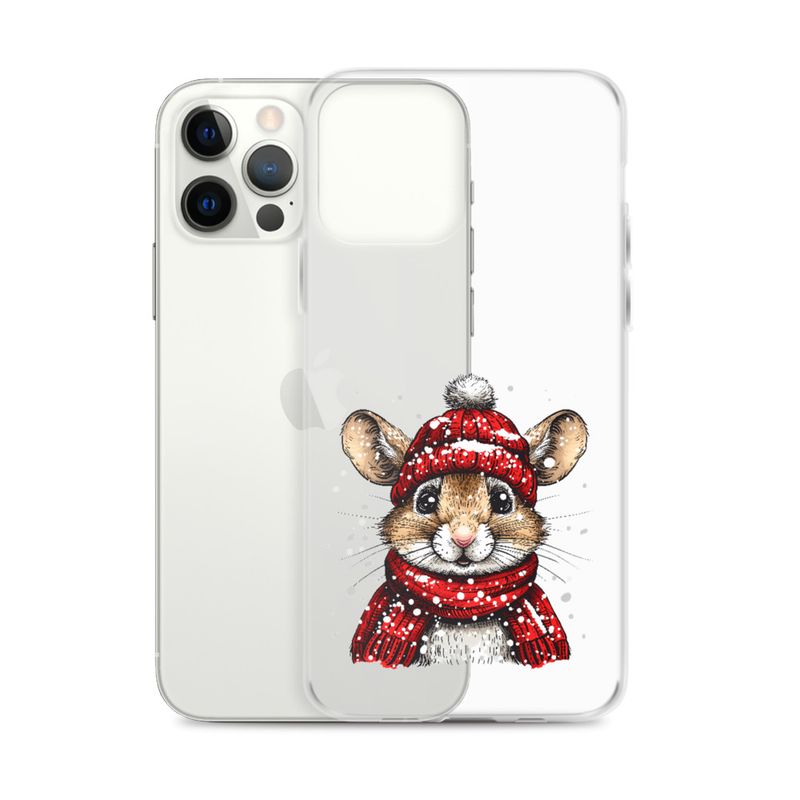 Clear Case for iPhone, Mouse wearing red winter hat and scarf in the snow, xg8dl3