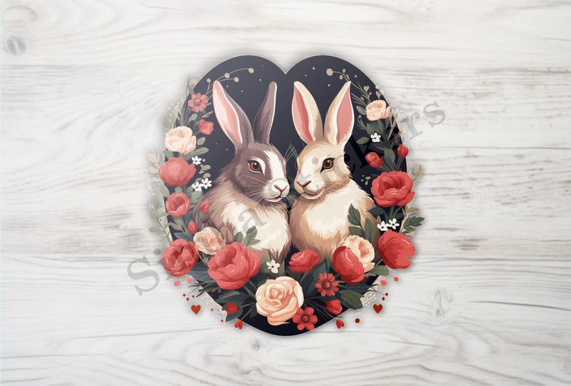 Rabbits in love amongst flowers, black background