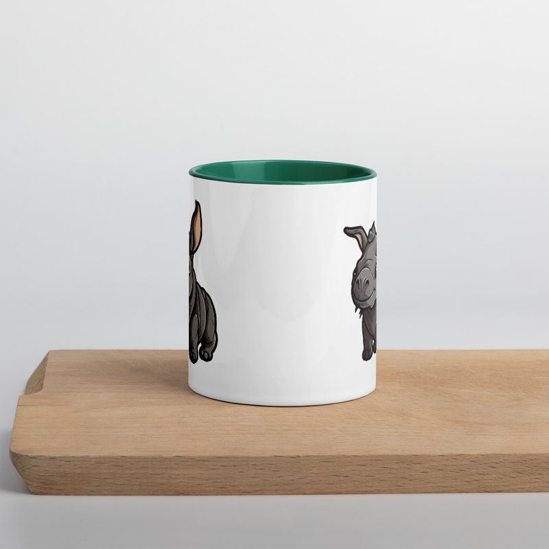 White Ceramic Mug with Color Inside, 11oz &amp; 15oz, Black rhino calf looking cute 