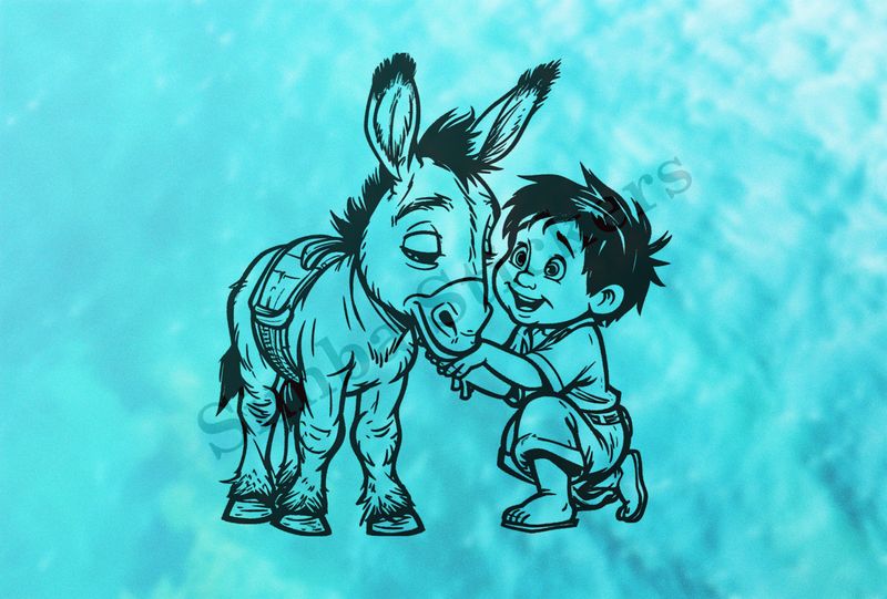 Donkey child pat on the chin by a small boy, outline art