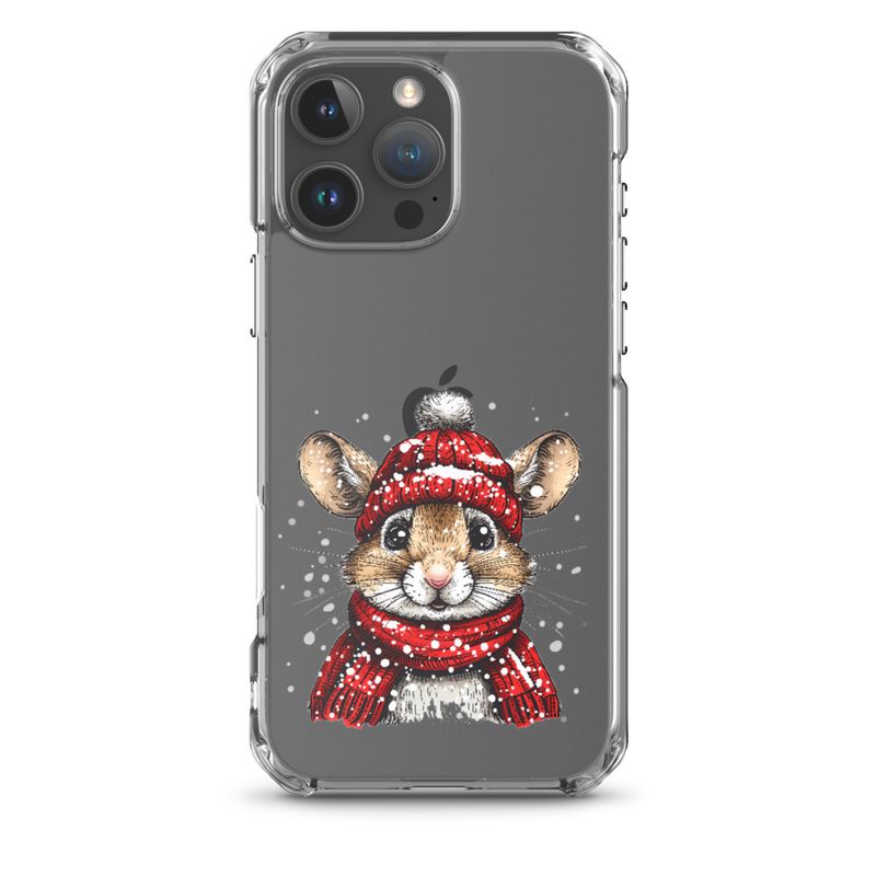 Clear Case for iPhone, Mouse wearing red winter hat and scarf in the snow, xg8dl3