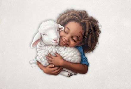 Sheep being hugged by happy girl with frizzy hair