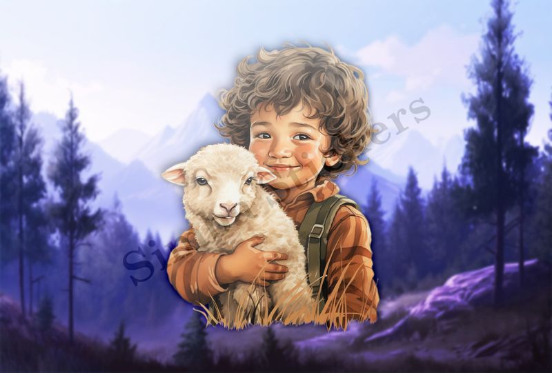 Lamb in arms of small boy of Asian origin, vintage
