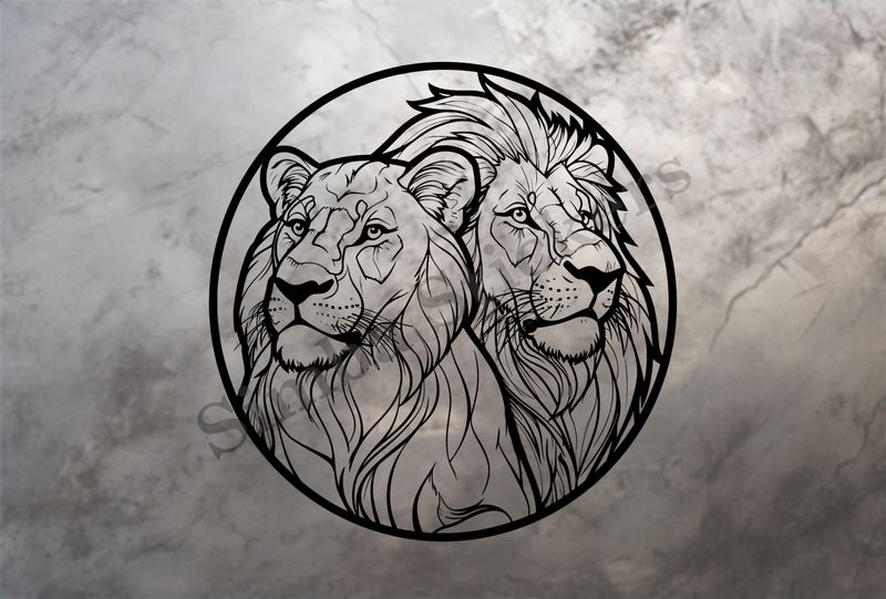 Lion with lioness, in a circle, outline art