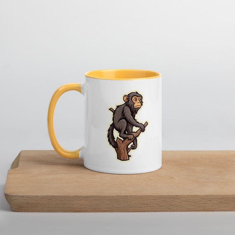 White Ceramic Mug with Color Inside, 11oz &amp; 15oz, Baboon on a tree, looking sad, head-to-head