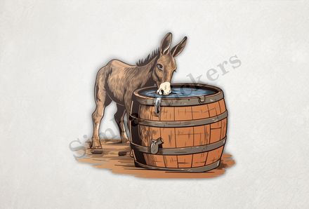 Donkey drinking water from large wooden barrel