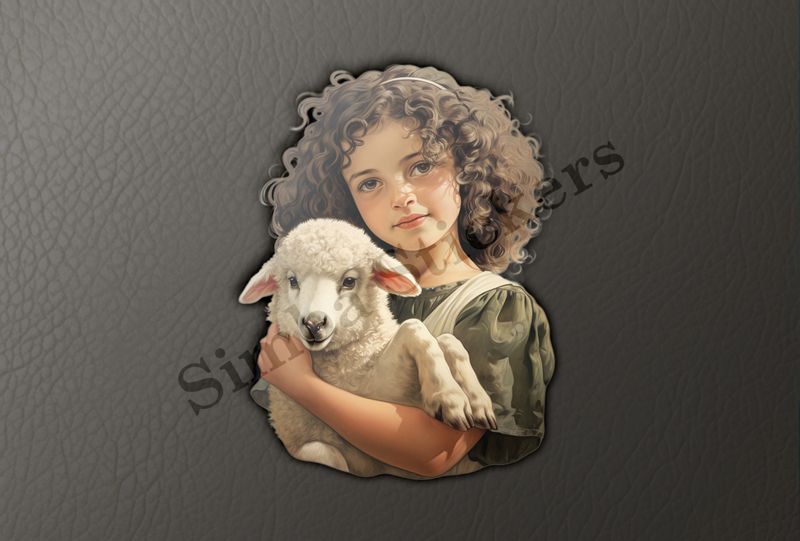 Cute lamb in the arms of small Mediterranean girl, vintage