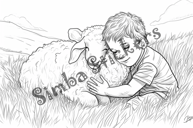 Colouring pages, bundle of sheep snugglig with child, 10 images