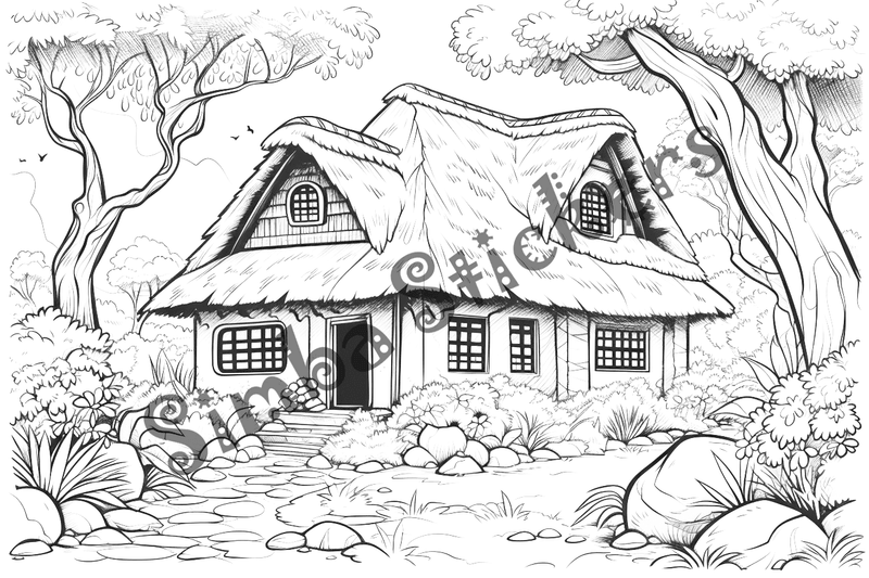 Colouring pages, bundle of houses, African thatched, 10 images