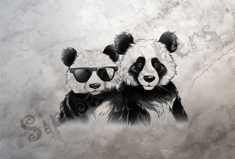 Two cool panda bear, one in sunglasses, outline art, bmygoc