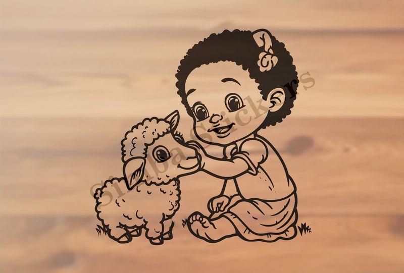 Small lamb petted by sitting little girl, outline art