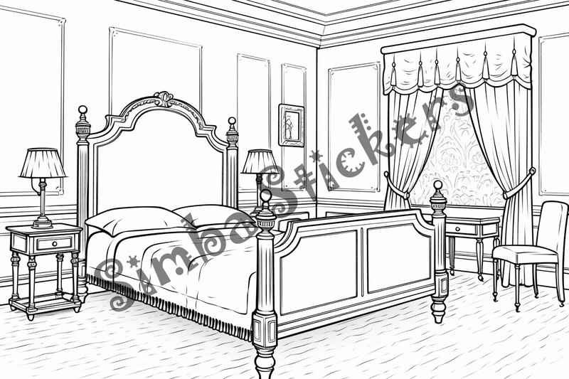 Colouring pages, bundle of house bedrooms, 25 images