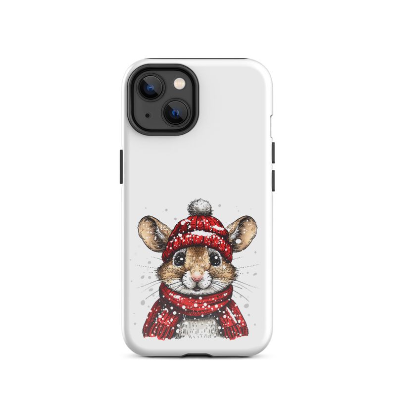 Tough Case for iPhone, Mouse wearing red winter hat and scarf in the snow, xg8dl3