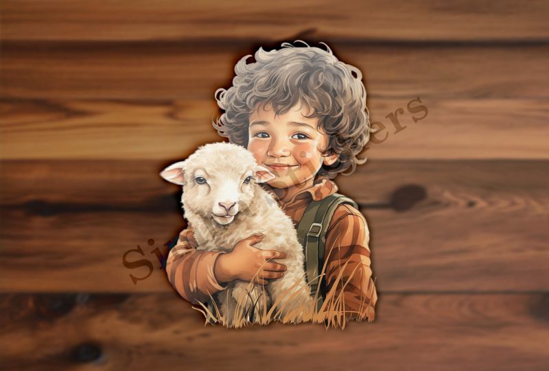 Lamb in arms of small boy of Asian origin, vintage