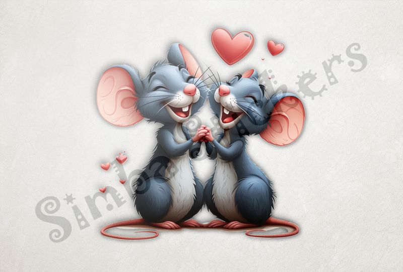Mice laughing while holding hands, Valentine&#x27;s hearts above