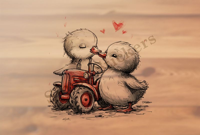 Two ducklings kissing over farmer&#x27;s tractor, outline art