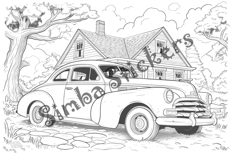 Colouring pages, bundle of houses with car in front, 10 images