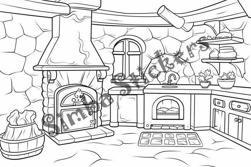 Colouring pages, bundle of house kitchens with stone ovens, 10 images